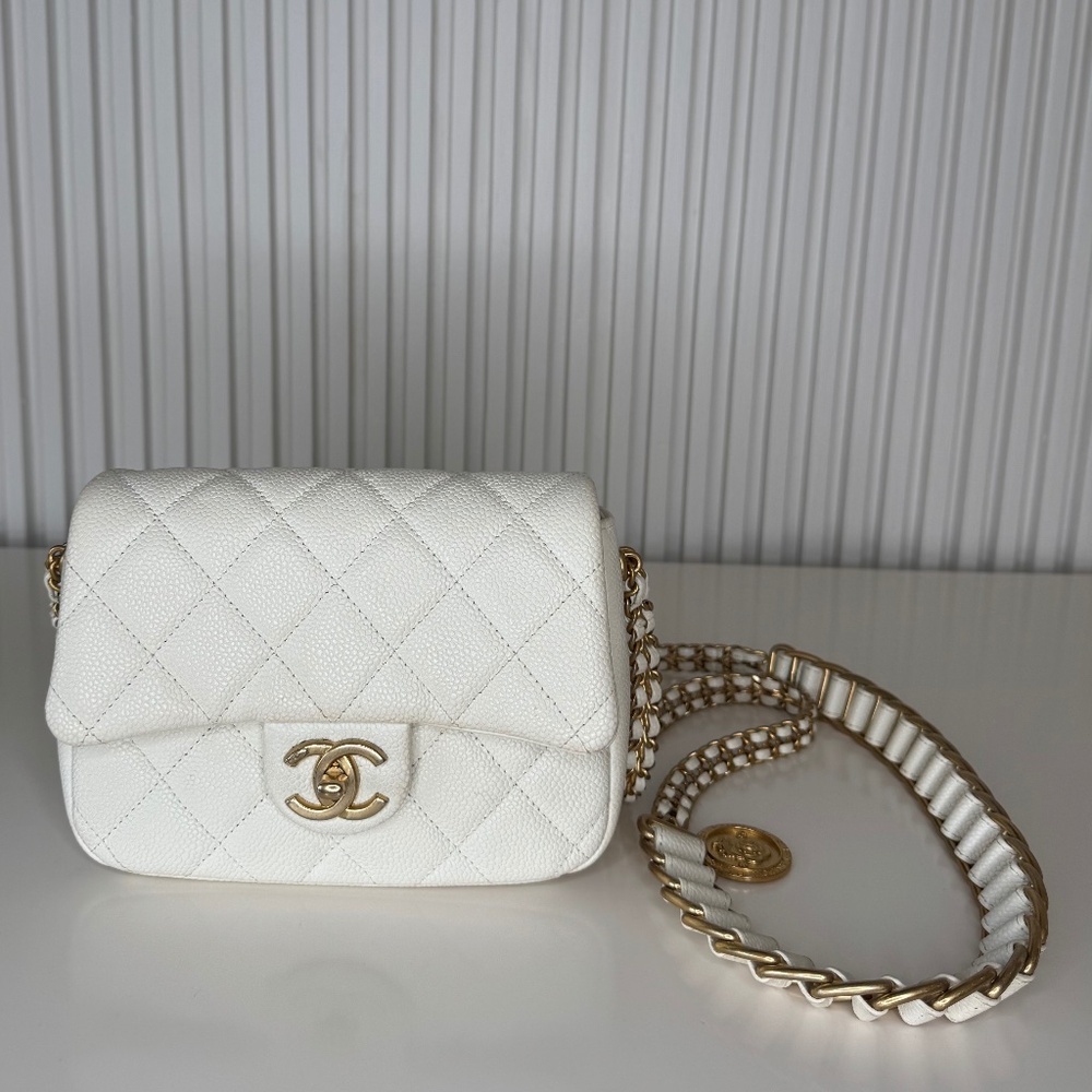 CHANEL Mini Flap Bag – White Caviar Leather with Gold Hardware